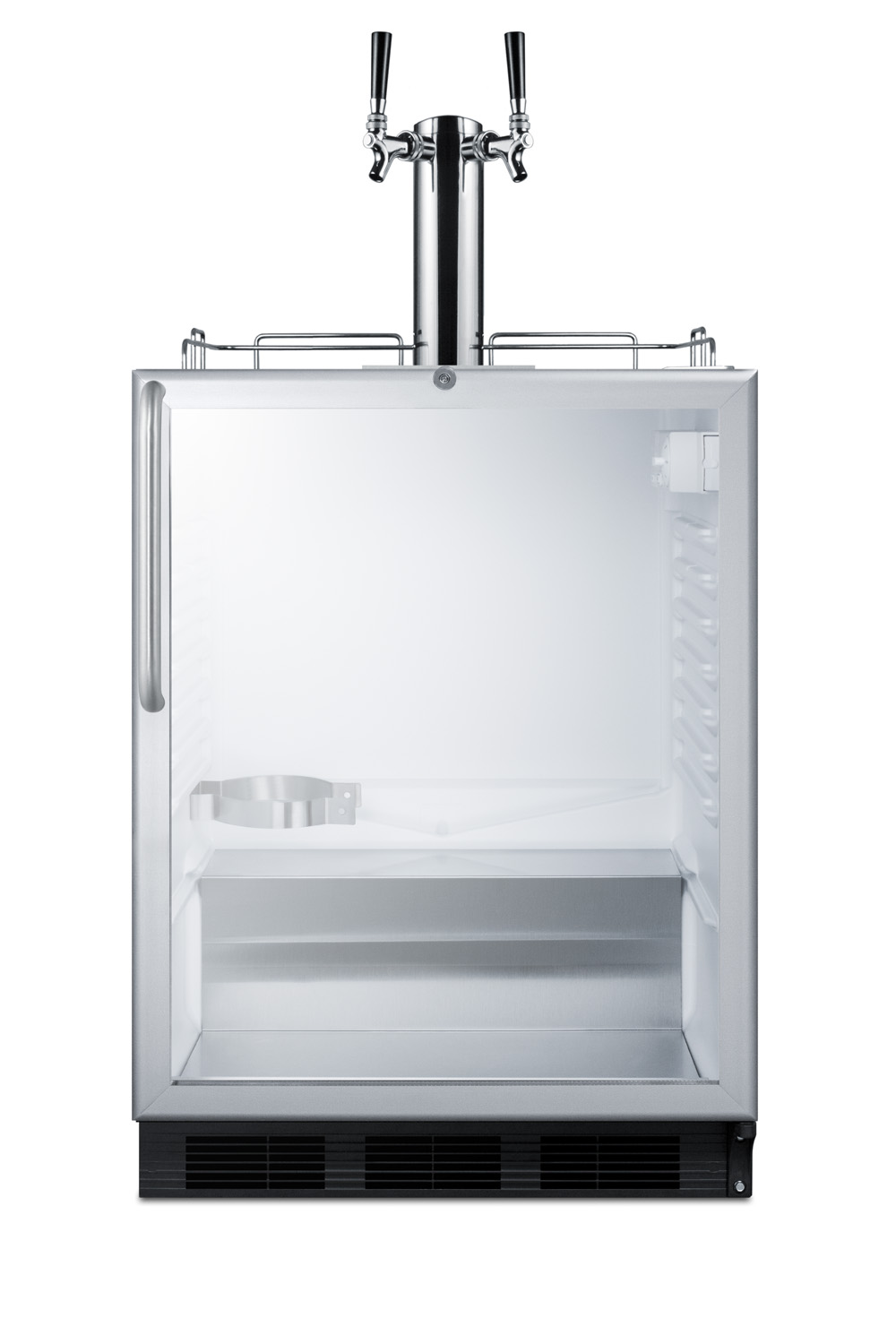 Built-in undercounter ADA height commercially listed dual tap beer dispenser with glass door, lock, and stainless steel wrapped cabinet